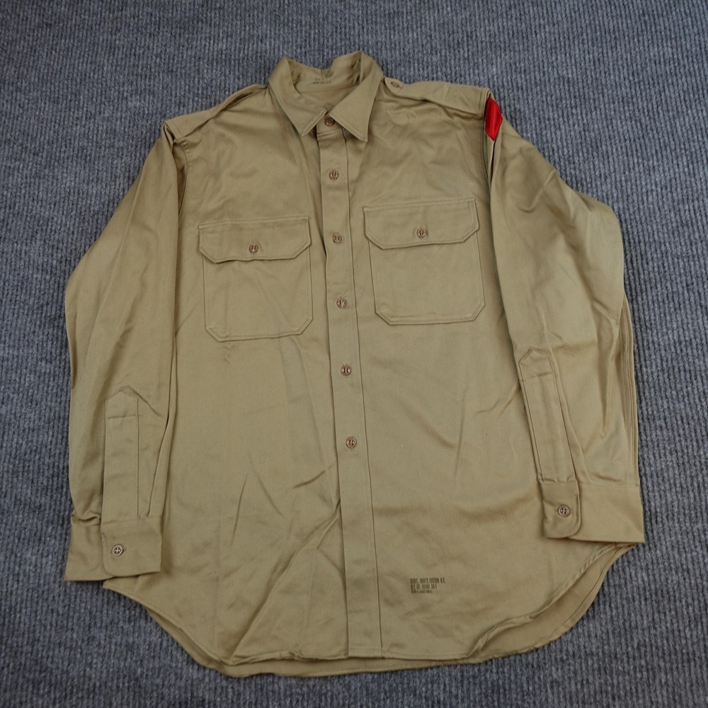 Vintage Military Shirt Mens Large Beige Twill Long Sleeve 60s Uniform Deadstock